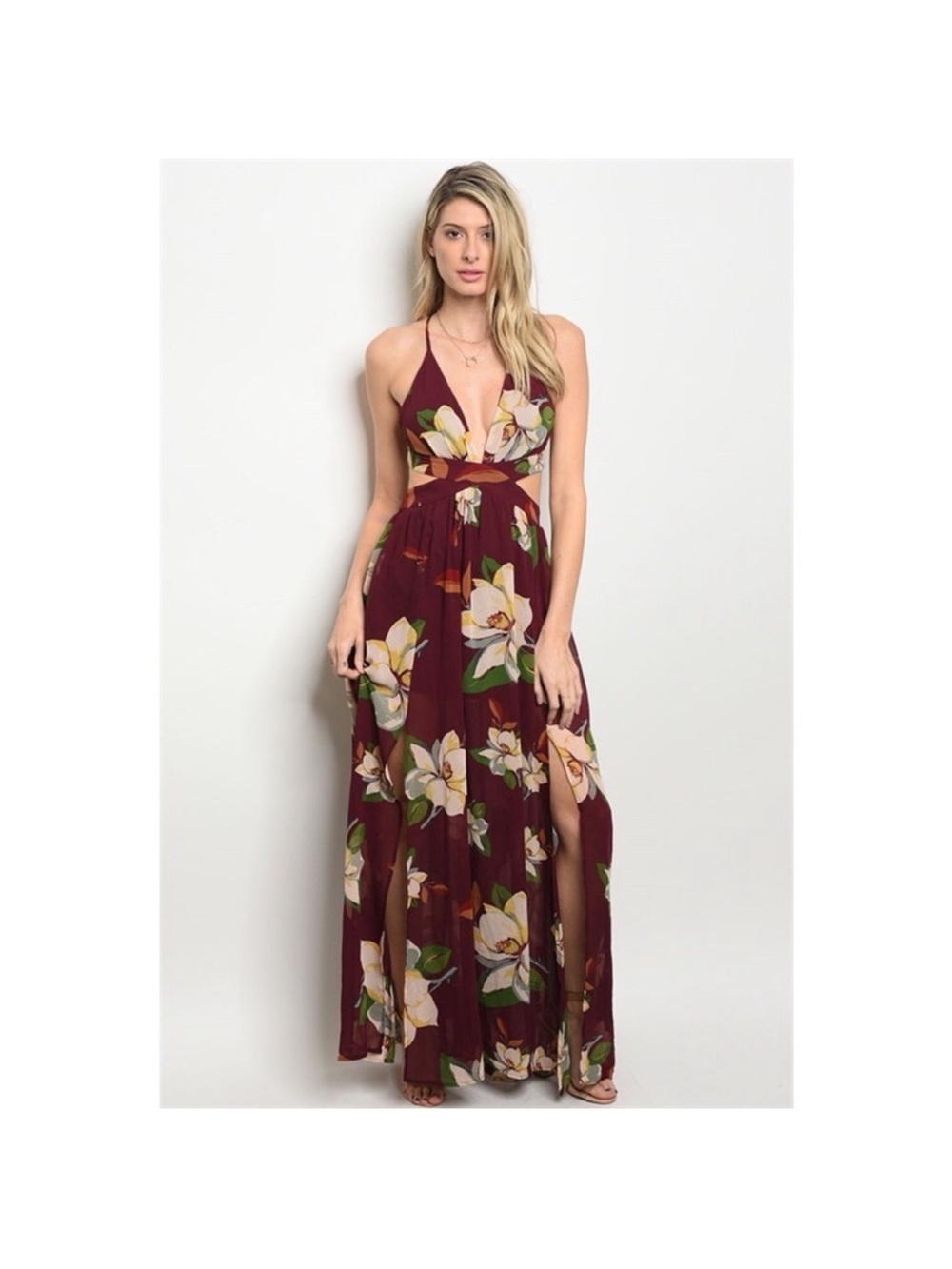 Floral Strappy Cutout Halter Maxi Dress - Wine Floral